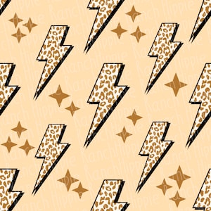 Op de afbeelding: Een naadloos patroon met bruine en witte luipaardprint bliksemschichten op een perzikkleurige achtergrond. Het patroon is versierd met gouden sterren.