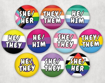 Pronouns Pinback Buttons | LGBTQ+ Nonbinary, Trans, Genderqueer Pronoun Pins | Queer Owned Shop