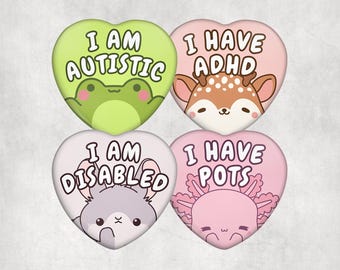 Heart Shaped Disability Buttons | Chronic Illness Pins | Anxiety, PTSD, POTS, Nonverbal Awareness Badges