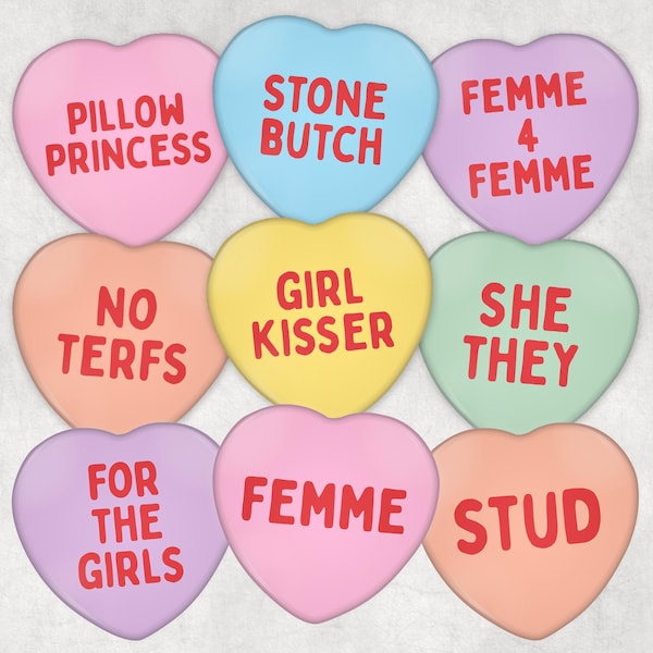 Lesbian Heart Candy Pinback Buttons | Customizable WLW Sapphic Quotes on Heart Shaped Pins