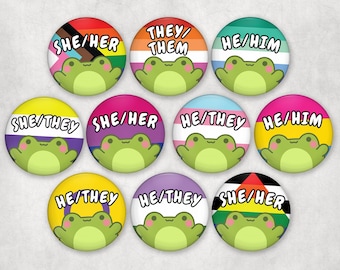 Frog Pronouns Pinback Buttons | LGBTQ+ Nonbinary, Trans, Genderqueer Pronoun Pins | Queer Owned Shop