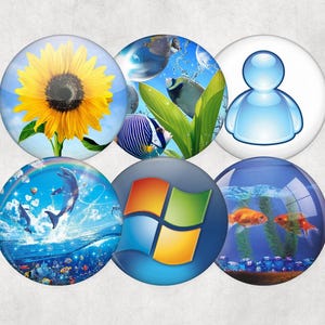 May include: Six circular glass cabochons featuring diverse designs. These include a sunflower, fish, a blue avatar, dolphins, the Windows logo, and goldfish in a tank. The cabochons are displayed against a pale grey backdrop.
