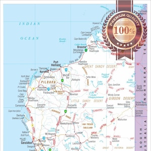 Carte détaillée de l'Australie-Occidentale WA Aus Australian Roads, affiche premium imperméable à l'eau et indéchirable - diagramme mural Atlas Impression artistique