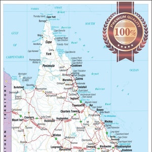 Carte détaillée du Queensland Qld Aus Australian Roads, affiche imperméable haut de gamme, résistante à la déchirure, - diagramme mural Atlas Impression artistique