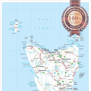 Carte détaillée de la Tasmanie, Australie, Australie, affiche imperméable, résistante à la déchirure de qualité supérieure - Diagramme mural de l'Atlas de l'Australie Impression artistique