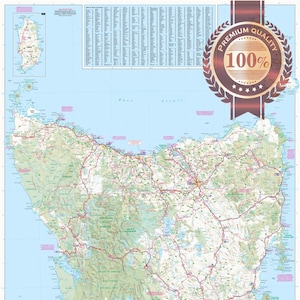 Gedetailleerde Hema-kaart van Tasmanië poster Tas Aus Australische wegen premium waterdicht, scheurbestendig - Australië Atlas-muurdiagram, kaart kunstafdruk