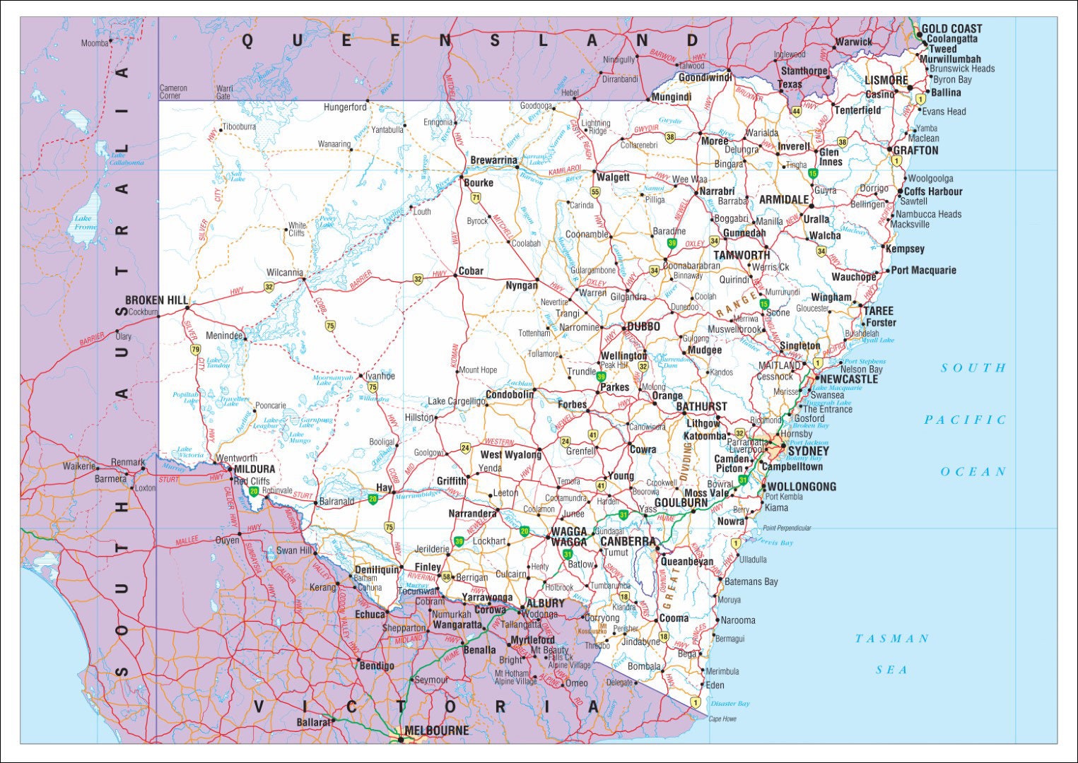Detailed Map of New South Wales NSW Aus Australian Roads Premium
