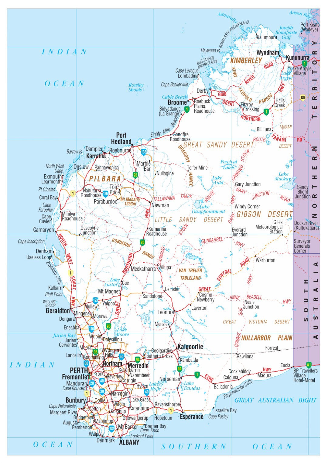 Detailed Map of Western Australia WA Aus Australian Roads Premium Waterproof Tear Proof Poster