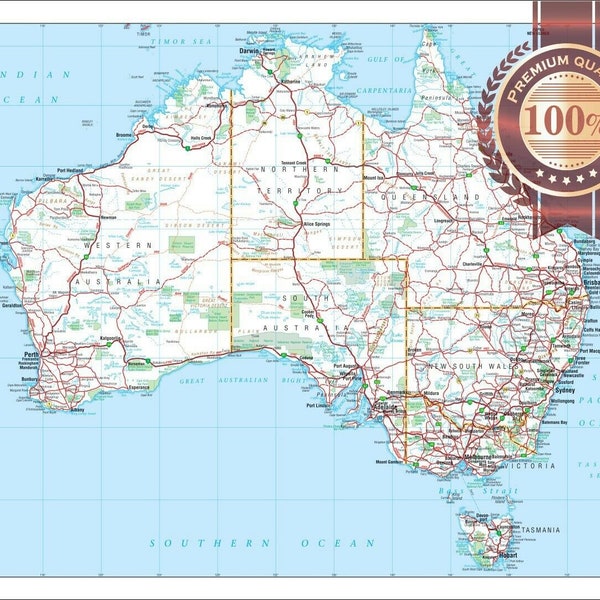 Detailed Map of Australian Roads Tear Proof Poster Aus Australia Atlas Wall Diagram Chart Premium Waterproof Print