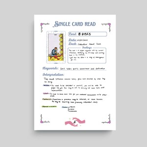 May include: A single card reading from the Intuitive Heart Tarot deck, showing the 8 of Discs card. The card depicts a person sitting on a stool, working on a disc. The card's keywords are: Skill, Talent, Quality, Commitment, and Dedication. The interpretation of the card is written below the image.