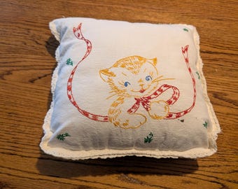 PILLOW, EMBROIDERY, VINTAGE. hand from a dresser scarf