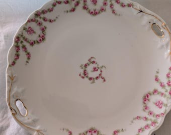 Antique Bavarian Porcelain Cake Plate: Pink Rose Garland with gold trim, J&C Malmaison