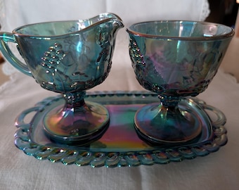 Vintage Harvest Carnival Blue Glass Sugar, Creamer & Tray Set