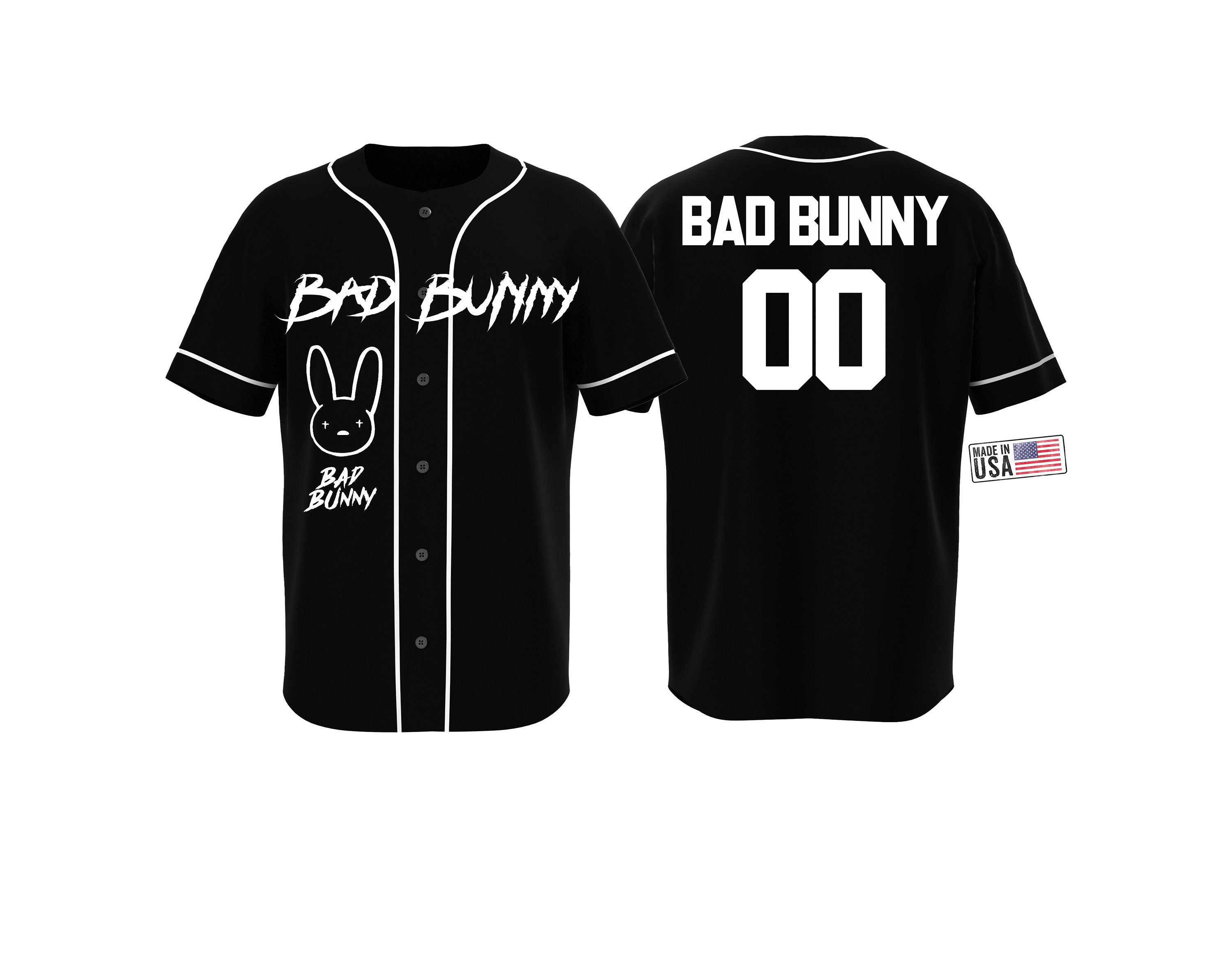 Bad Bunny Baseball Jersey, Black Bad Bunny Jersey, Buttonup Bad Bunny