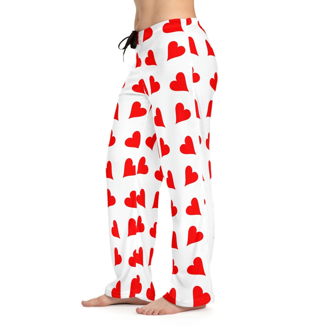Women's White Red Heart Pajama Pants, Mother's Day Pajamas, Valentine's