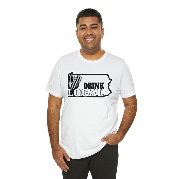 Drink Local Whisky Unisex Jersey Short Sleeve Tee, Moonshine, Pennsylvania, PA Distillery, Copper Still, Mason Jar , White Lightning