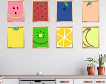 8er-Set Wandbilder mit Früchten | Retro-Küchenmotive | Digitaler Download zum Ausdrucken | Farbenfrohe Zitrus-Galeriewand | Maximalistische Küchendekoration