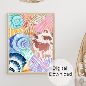 Drukowana grafika ścienna z muszlami | Dekoracja domku nad morzem | Dekoracja ścienna domku na plaży | Wydruk kolażu z muszlami | Sztuka ścienna w stylu marynistycznym | Letnia sztuka nadmorska