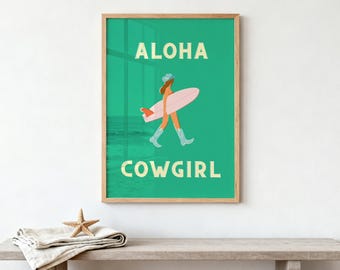 Aloha Cowgirl Wandbild | Küsten-Cowgirl-Surf-Deko | Cowgirl-Ästhetik fürs Strandhaus | Western-Surf-Digitaldownload