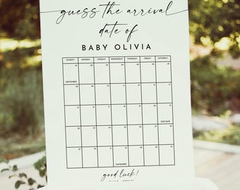 Baby Due Date Calendar Sign, Personalized Guess Babys Birthday Game, Guess The Due Date, Printable Baby Shower Games, Fun Baby Shower Games