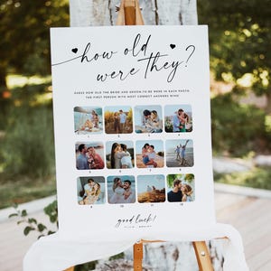 How Old Were They Game Sign, Printable Bridal Shower Activity, Guess the Age, Minimalist Couples Game Template, Fun Engagement Party Games