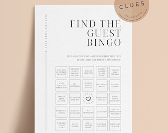 Trova il gioco del bingo degli ospiti, gioco del bingo degli ospiti modificabile per matrimoni, gioco del bingo per matrimoni elegante e sociale, divertenti giochi da tavolo per matrimoni
