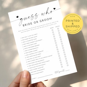 PRINTED Guess Who Bride or Groom Game, Fun Bridal Shower Printable, Who Knows the Couple Best, Engagement Party Activity, Wedding Table Game