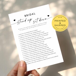 PRINTED Bridal Stand Up Sit Down Game, Fun Bridal Shower Games, Who Knows the Bride Best, Engagement Party Activity, Wedding Table Games