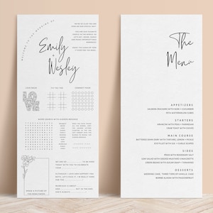 Jeux de réception de mariage et modèle de menu, carte de menu d'activités de décoration de mariage modifiable, élégants jeux de table de mariage imprimables - CALME