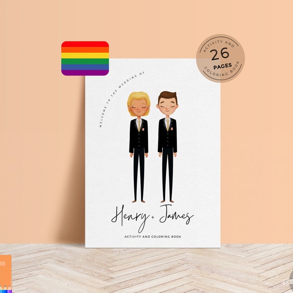 Libro di attività per matrimoni gay per bambini, attività di matrimonio LGBTQ stampabile e libro da colorare per bambini, copertina personalizzabile - CALM