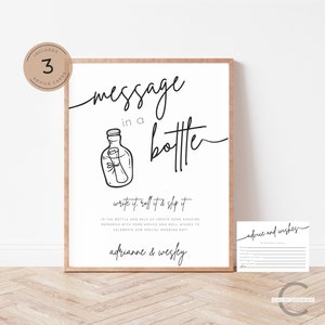 Pacote com placa de mensagem em garrafa e cartões de conselho, placa de conselho de casamento editável, placa de livro de visitas com mensagem em garrafa moderna para impressão e cartões