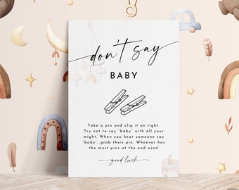 Gra Don't Say Baby, gra Don't Say Baby Clothes Spinacz, gra Don't Say Baby do druku na baby shower, edytowalne gry na baby shower - COZY
