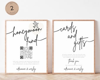 Honeymoon Fund QR Code & Cards and Gifts Sign, Editable Wishing Well Wedding Sign, Modern Wedding Cash Gift Registry Signage, 2 Set Bundle