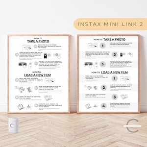 May include: Two black and white illustrations on a white background with instructions on how to take a photo and load a new film for the Instax Mini Link 2 printer. The instructions include numbered steps with images of the printer.