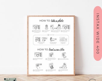 Instax Wide 400 Instant Camera All-In-One con Selfie Istruzioni Cartello, Instax Wide 400 Istruzioni, Come scattare una foto, Come caricare una pellicola