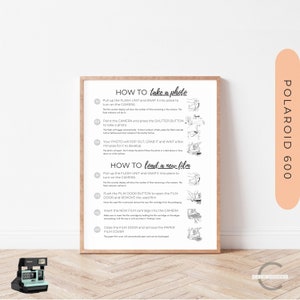 Puede incluir: Una guía ilustrada en blanco y negro sobre cómo tomar una foto y cargar un nuevo rollo de película en una cámara Polaroid 600. La guía incluye instrucciones paso a paso con ilustraciones de la cámara y sus funciones.