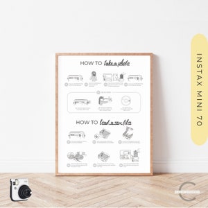 May include: A black and white illustrated guide on how to take photos and load film into an Instax Mini 70 camera. The guide includes step-by-step instructions with illustrations.