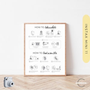 Może przedstawiać: Czarno-biały ilustrowany przewodnik po robieniu zdjęć i ładowaniu filmu do aparatu Instax Mini 11. Przewodnik zawiera instrukcje krok po kroku z ilustracjami aparatu.