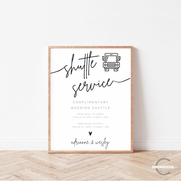 Shuttle Service Wedding Sign, Editable Wedding Transportation Sign, Printable Modern Shuttle Bus Service Time Schedule Signage For Wedding