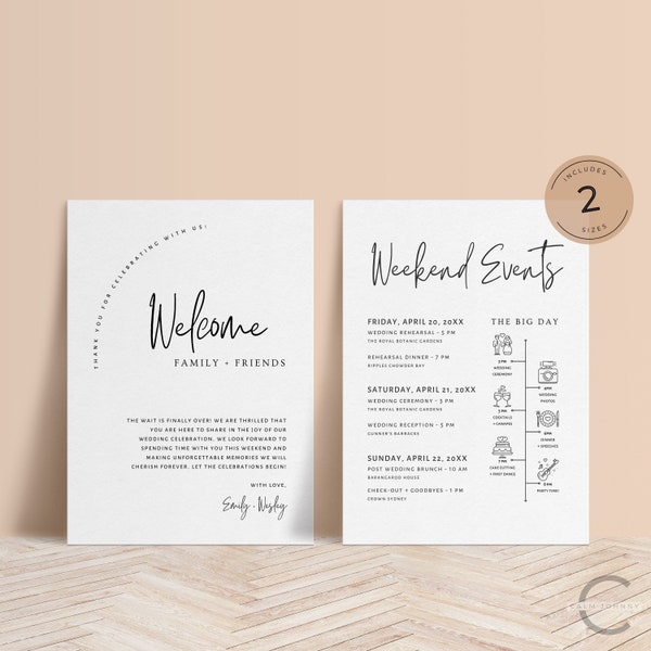 Wedding Welcome Bag Note and Timeline, Editable Digital Wedding Weekend Itinerary Program, Printable Wedding Order of Events Template - CALM