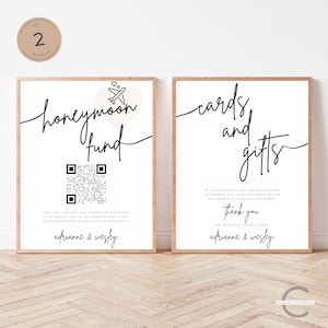 Código QR do fundo de lua de mel e placas de cartões e presentes, placa de casamento com poço dos desejos editável, sinalização moderna de registro de presentes em dinheiro para casamento, pacote com 2 conjuntos