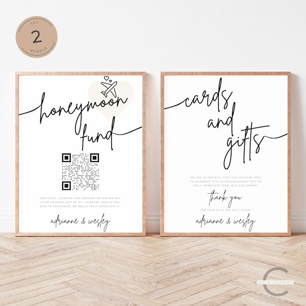 Honeymoon Fund QR Code & Cards and Gifts Sign, Editable Wishing Well Wedding Sign, Modern Wedding Cash Gift Registry Signage, 2 Set Bundle