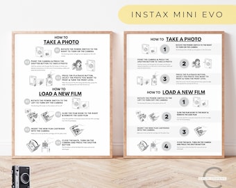 Instax Mini Evo Sofortbildkamera All-In-One Anweisungsschild, Instax Mini Evo Anweisungen, Fotoaufnahme, Film laden
