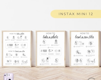 Instax Mini 12 with Selfie Instructions Sign, Instax Mini 12 Instructions, How To Take A Photo & How To Load A Film Instruction - Bundle Set
