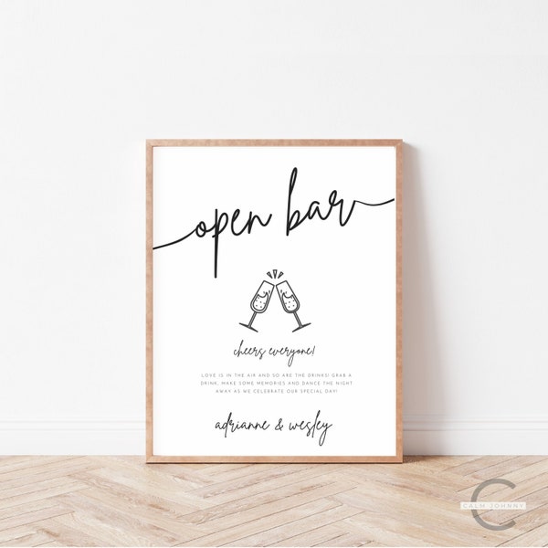 Open Bar Sign Template, Editable Wedding Open Bar Sign, Modern Printable Wedding Bar Sign, The Drinks Are On Us, Open Bar Party Sign