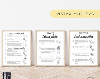 Instax Mini Evo Camera Instructions Sign, Instax Mini Evo Instructions, How To Take A Photo & How To Load A Film Instruction - 3 Set Bundle