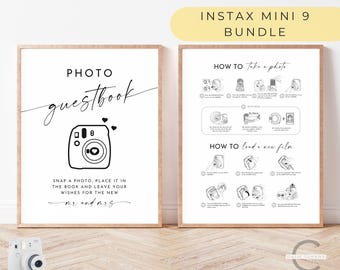 May include: Two printable signs for a wedding photo booth. The first sign says "PHOTO guestbook" with a black and white illustration of an Instax Mini 9 camera. The second sign has instructions on how to take a photo and load a new film pack for the camera.