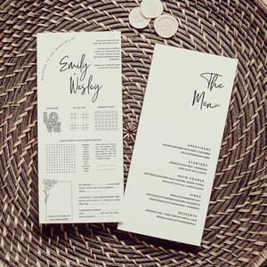 K&ouml;nnte beinhalten: Eine Hochzeitskarte mit wei&szlig;em Hintergrund und schwarzem Text. Das Men&uuml; umfasst Vorspeisen, Suppen, Hauptgerichte, Beilagen und Desserts. Die Vorspeisen beinhalten Lachs-Cracker mit Nori und Gurke, Feta-Wassermelonenw&uuml;rfel und Arancini mit Erbsen und Parmesan. Die Suppen beinhalten Krabbentoast mit Schnittlauch. Das Hauptgericht beinhaltet panierten John Dory mit Tartare, Zitrone und Gurke sowie Filet mit Knoblauchsprossen. Die Beilagen beinhalten Blattsalat mit Senf-Vinaigrette, Pommes frites mit Rosmarin und gr&uuml;ne Bohnen mit Zuckererbsen und Tamarinde. Die Desserts beinhalten Hochzeitstorte, drei Schichten Vanillekuchen und Bombe Alaska mit Passionsfrucht.
