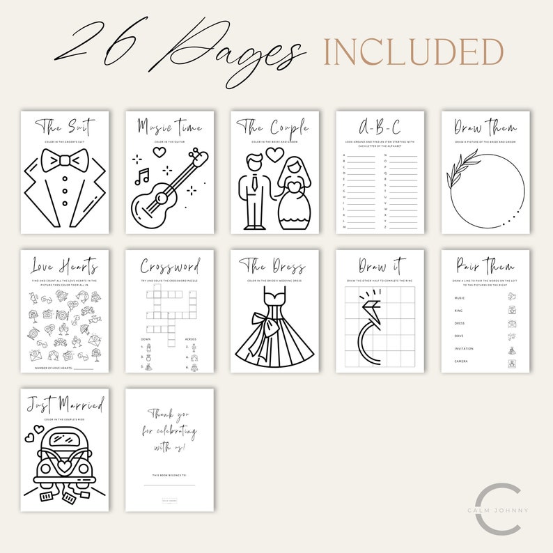 May include: A set of 26 printable wedding shower game pages with black and white illustrations. The games include "The Suit", "Music Time", "The Couple", "A-B-C", "Draw Them", "Love Hearts", "Crossword", "The Dress", "Draw It", "Pair Them", "Just Married", and "Thank You for Celebrating with Us!"
