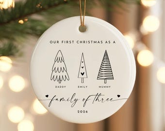 Personalized Family of 3 Christmas Ornament, First Christmas as a Family of Three Bauble, Custom New Family Keepsake, Gift for New Parents